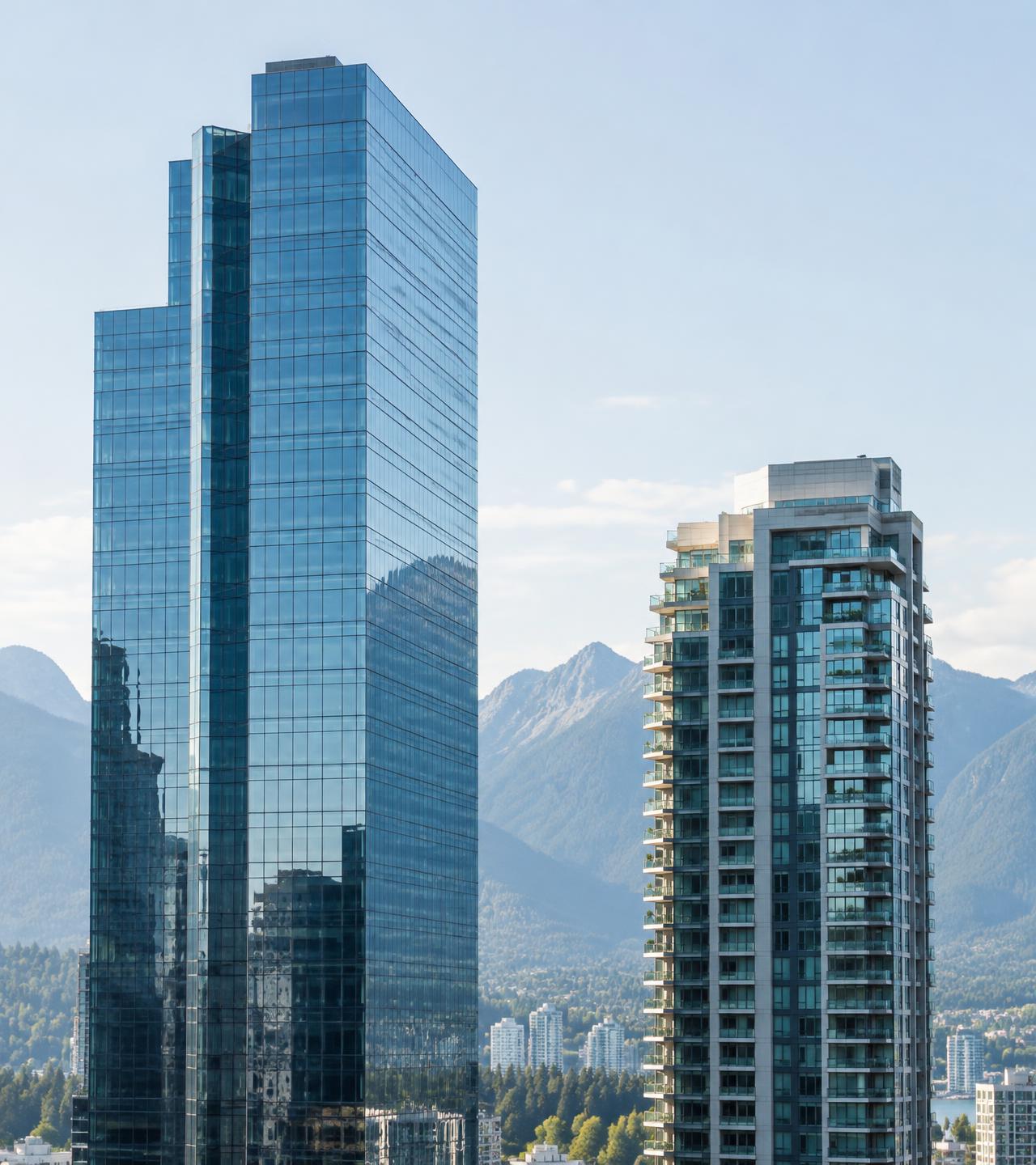 Torres corporativa y residencial de vidrio con montañas al fondo